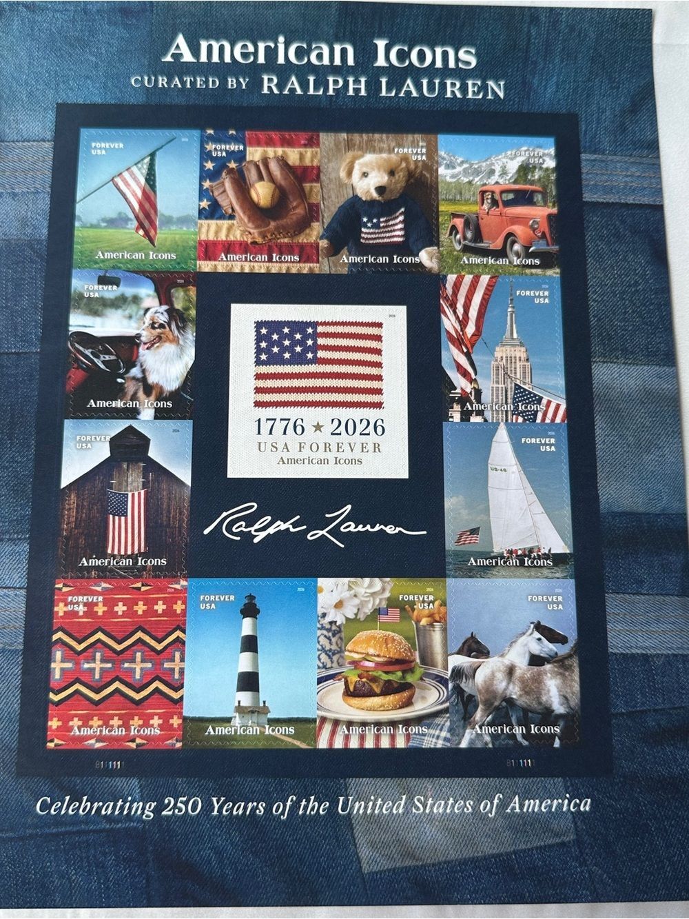 Ralph Lauren USPS America 250 Forever Stamp Sheet in Navy, White, Red